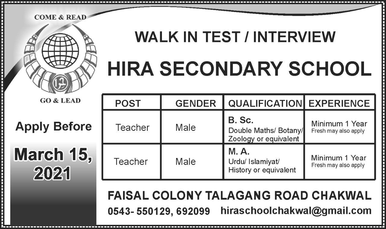 Male Teacher Required in Hira School Chakwal